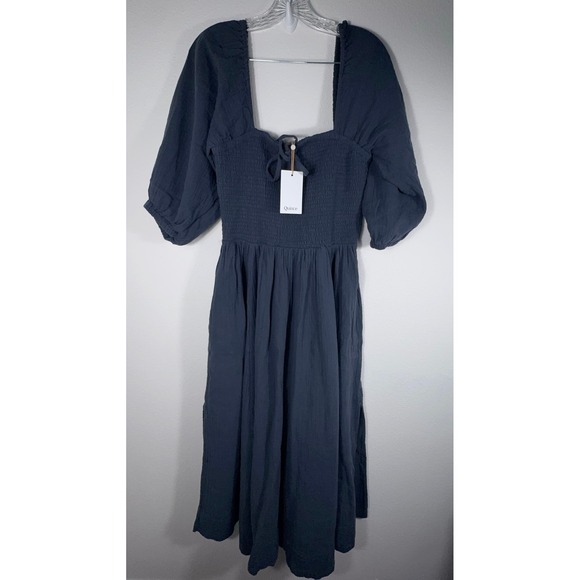 Quince Women Organic Cotton Gauze Smocked Square Neck Midi Dress Blue M Medium - Picture 1 of 4